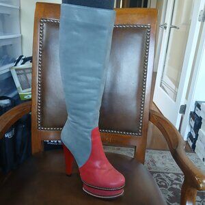 Tall suede leather boots in grey and red.